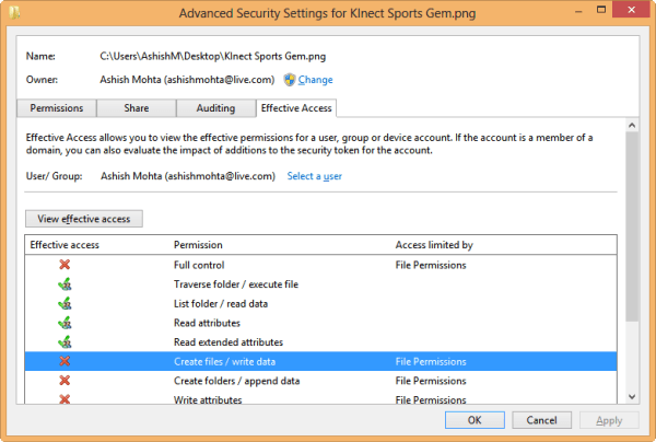 Effective Access to Windows 8 User for a file