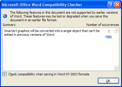 Errror Message from Office Word Compatibility Checker