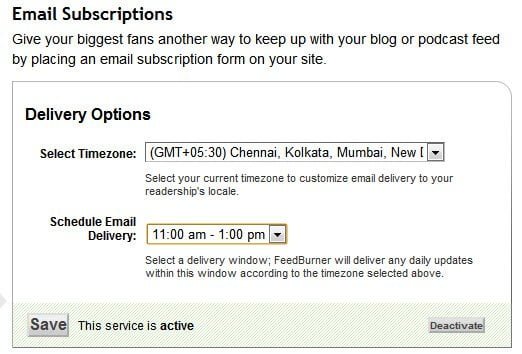 Feedburner Email Delivery Options