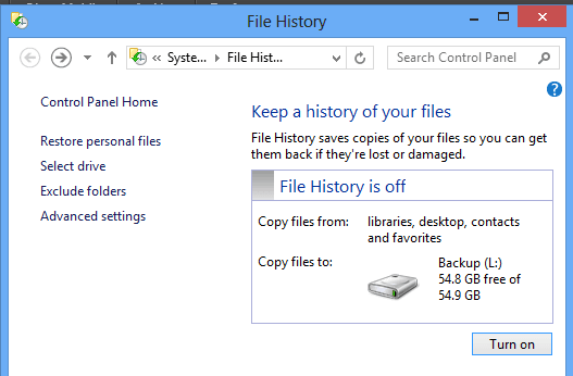 File history in Windows 10 to backup restore