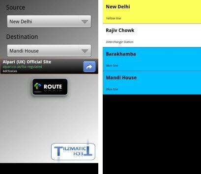 Free Android app Delhi Metro Navigator see the route between two metro stations in Delhi