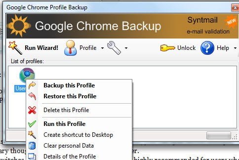 GCB Chrome Backup Tool Options