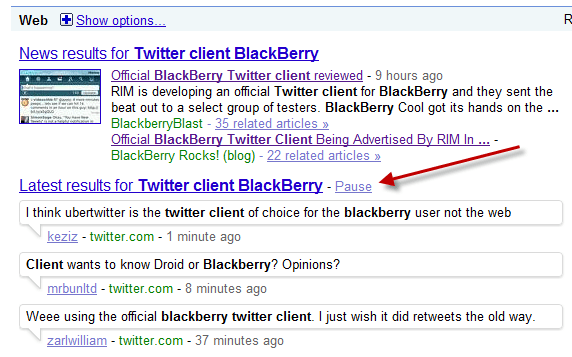 Google Pause for Twitter Result