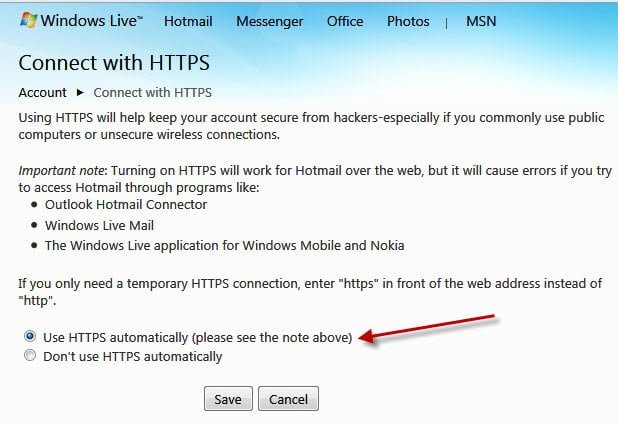 Hotmail Secured Connection
