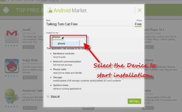Installing an Android app to your device using the Android Market Webstore