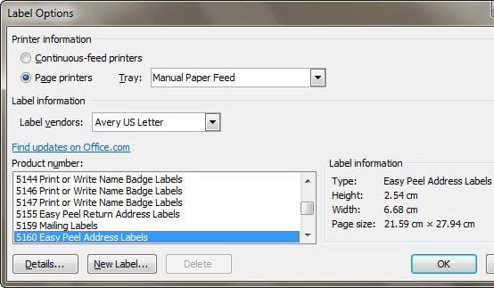 Label Options in Office 2010 Word