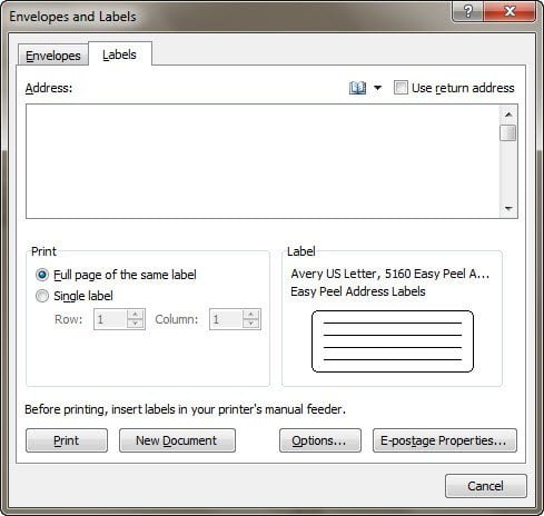 Labels Configuration in Word 2010