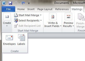 Labels option in Mailings in Office 2010