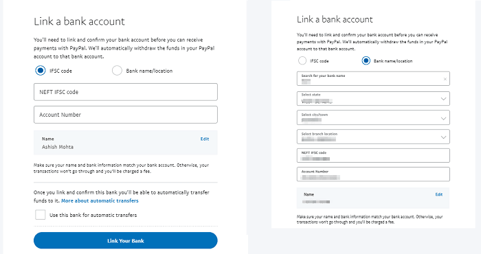 Link bank account with PayPal