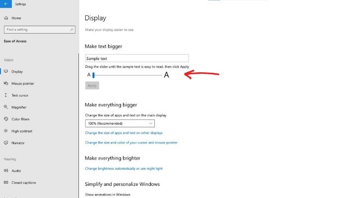 windowes make text larger or smaller windows 10