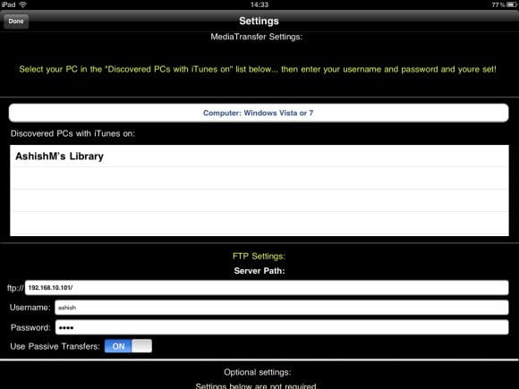 Media Transfer iPad FTP Settings