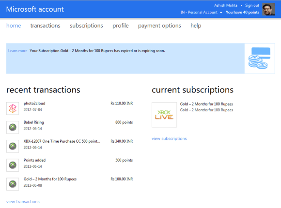 Microsoft Account Billing Section