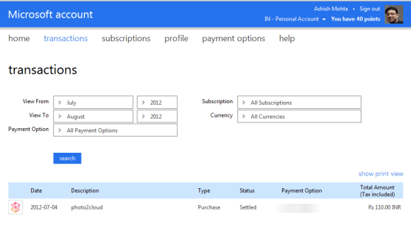 Microsoft Account Transactions