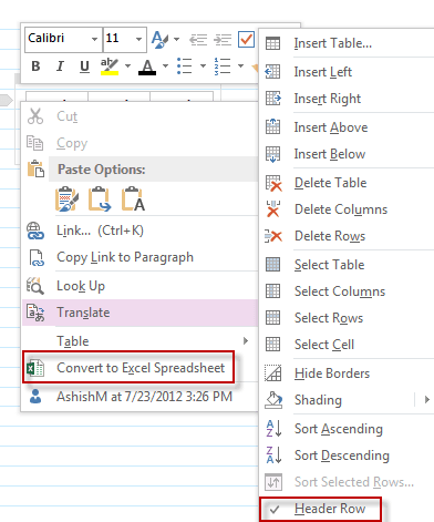 OneNote Table Convert to Excel