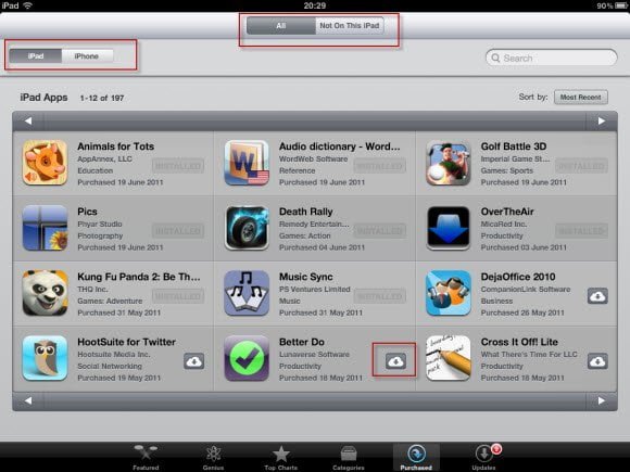 Purchased Apps List on iPad