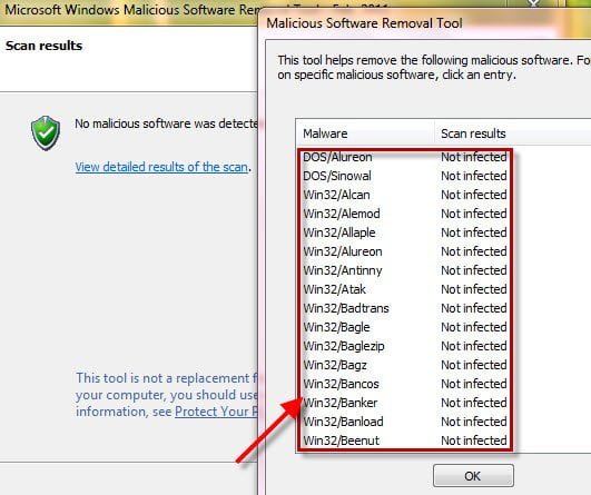 Scan results given by Microsoft' Malicious Software Removal Tool