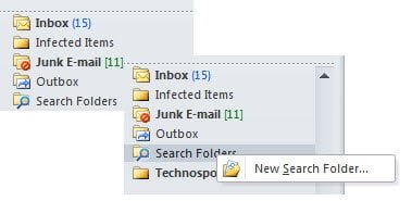 Search Folder locations Outlook 2010