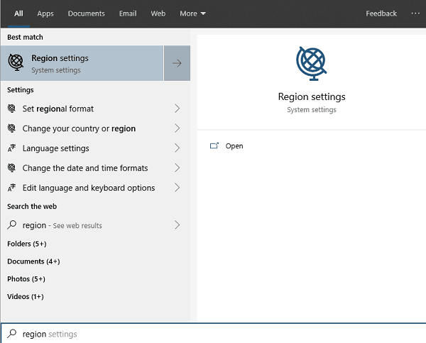 Search Region Settings Windows 10