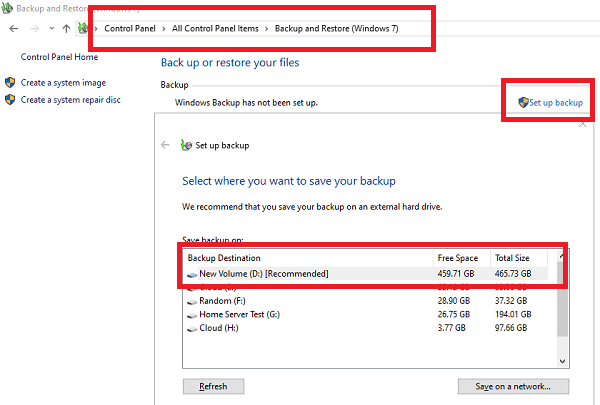 Setup Backup Drive Windows 10