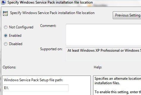 Specify Windows Service Pack Installation File Location