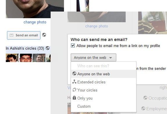 Who can send email via profile page