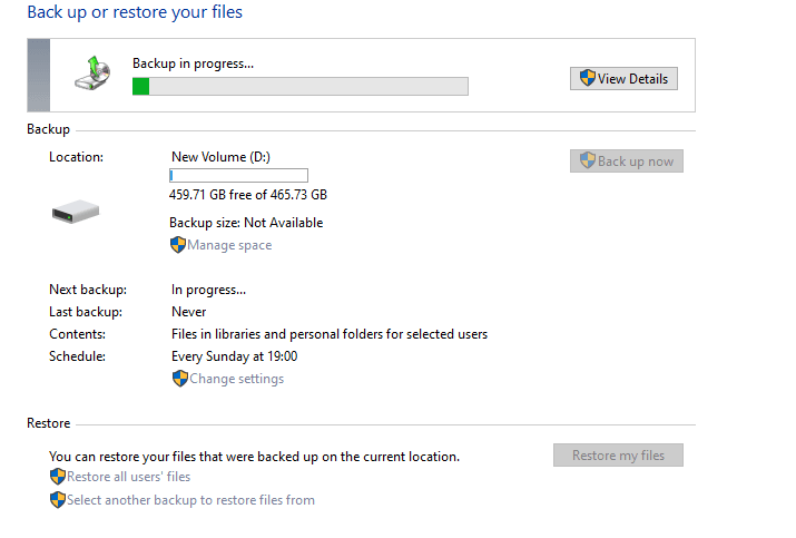 Windows 10 Backup in Progress
