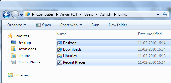 Windows 7 Favorite link directory