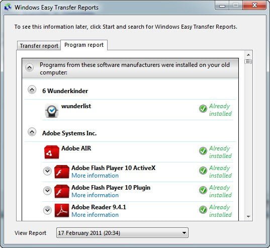 Windows 7 Program Report on transfer