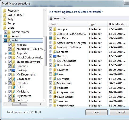 Windows 7 Transfer Modify Selection