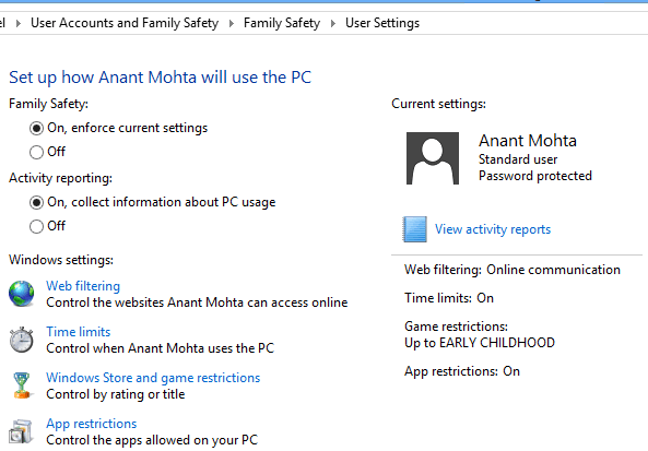 Windows 8 Parental Control Options