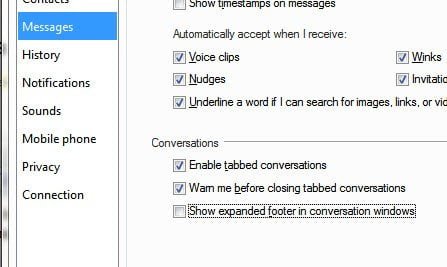 Windows Live Messenger Messages Option