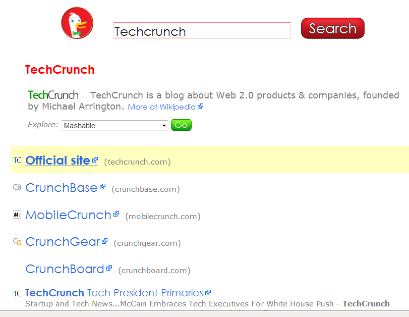 Techcrunch Search result on Duckduckgo
