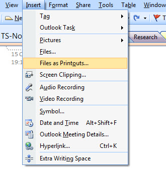 Inserting Files as Printouts in One Note