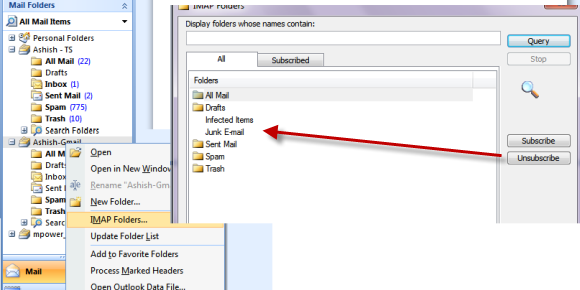 imap folder account settings for outlook 2007