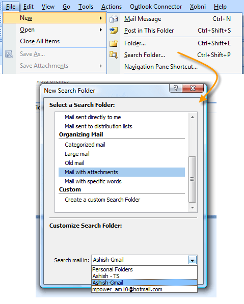 Outlook Search Mail with Attachment 