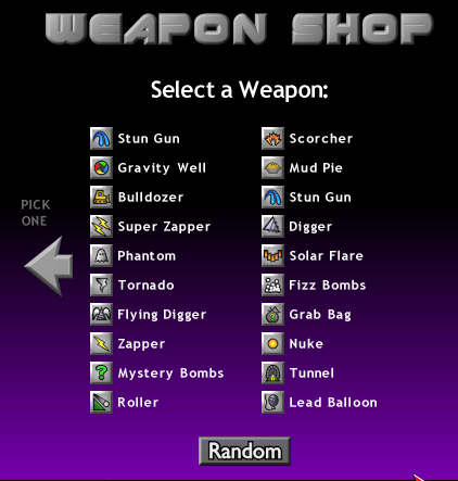 pocket tanks weapon list