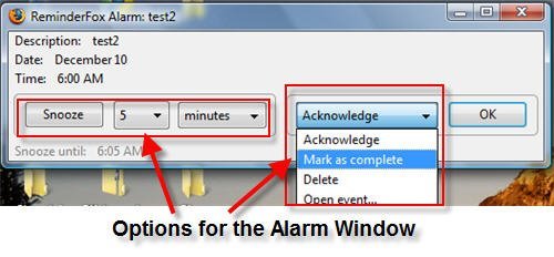 Options to Create reminders, To do events and alarms