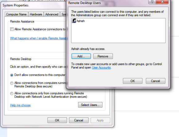 Configure remote login for Windows 7 users