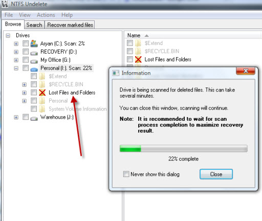 Scanning NTFS file system for recovering deleted files