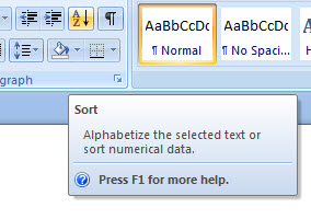 Sort in Microsoft Office Word 2007
