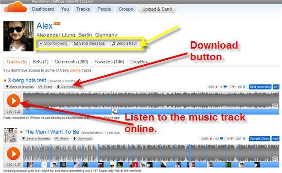 sound cloud follow user download and listen to tracks comment etc.