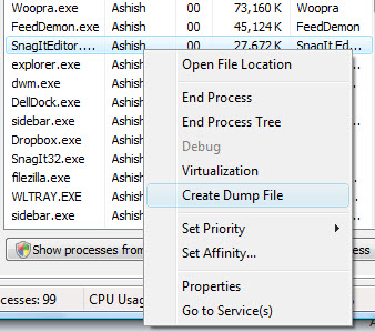 Create DUMP files for running processes