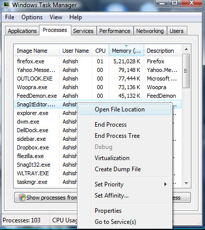 Opening File location of the running program from Task manager