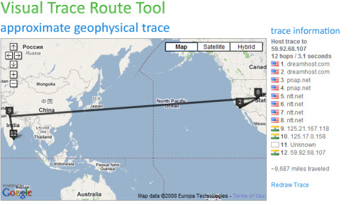 Visual Trace route of an IP on Google maps