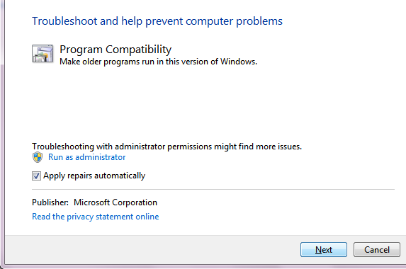 Windows 7 compatibility Wizard
