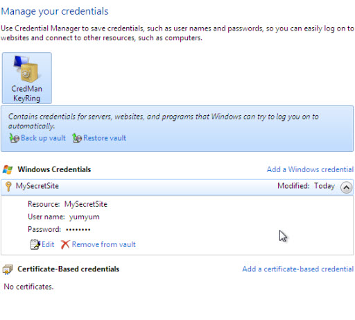 Windows 7 Credential management feature for centralized storage of username and password