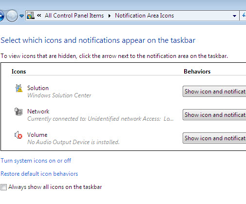 Windows 7 features : Notification areas icons