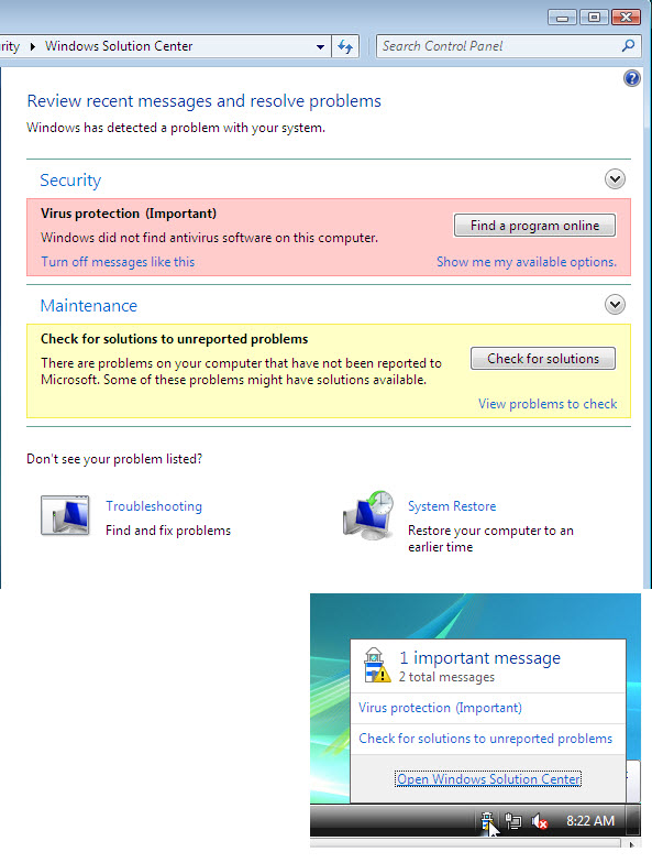 Windows 7 Solution Center and Notification