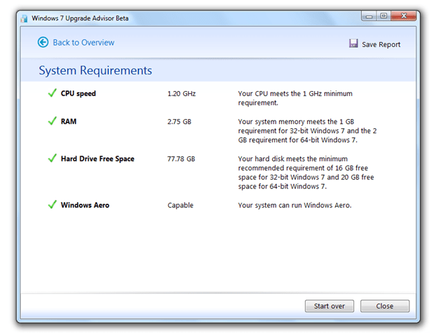 Windows 7 requirement resport