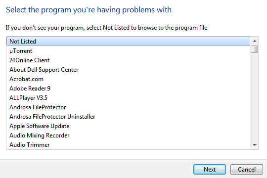 Windows 7 select incompatible programs